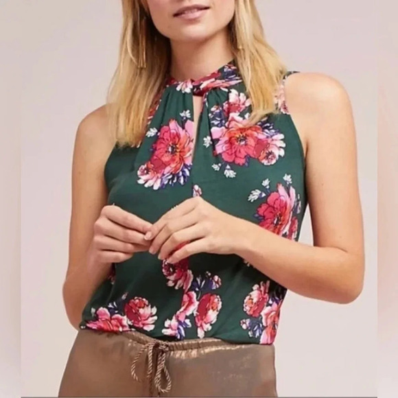 VANESSA VIRGINIA Green Floral Knot Keyhole Blouse Size L - Picture 1 of 10